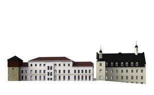 Castle with white walls and brown roof on white background