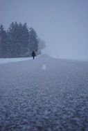 distant person on road at foggy winter landscape