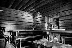 wooden table and benches in the old house