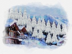 watercolor painting mountain hotel on a hill in winter