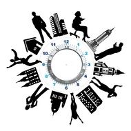 silhouettes of people and homes around the clock face