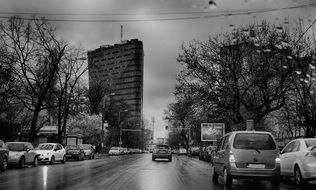 black and white photo of a city street in Budapest