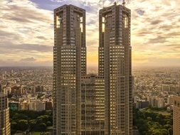 panorama of two skyscrapers in Tokyo