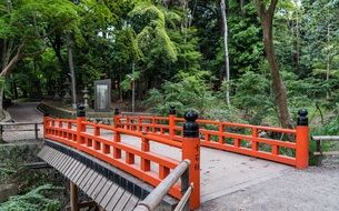 Bridge with red railings in Kyoto