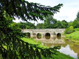 distant view of a stone arch bridge over a river