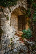 arched entrance to a stone house among the thickets