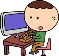 cartoon Boy sits at Computer