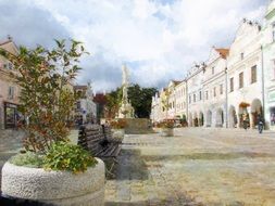 Fountain and marian column on square, Painting, czech, TÅeboÅ