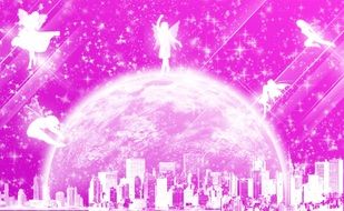 mystical city in a soap bubble and fairies on a pink background