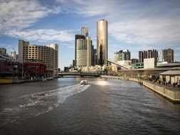 panoramic view of the south wharf among the skyscrapers in Melbourne