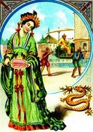 beautiful girl in city, vintage Chinese postcard