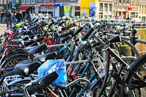 many bicycles on the bridge to Amsterdam