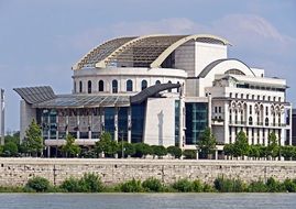 view from the danube to the new theater in Budapest