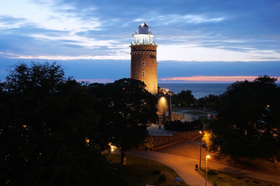 Lighthouse on Baltic Sea coas at night, poland, KoÅobrzeg