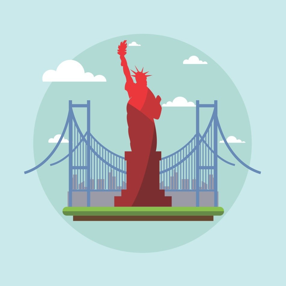 red silhouette of the statue of liberty on the bridge