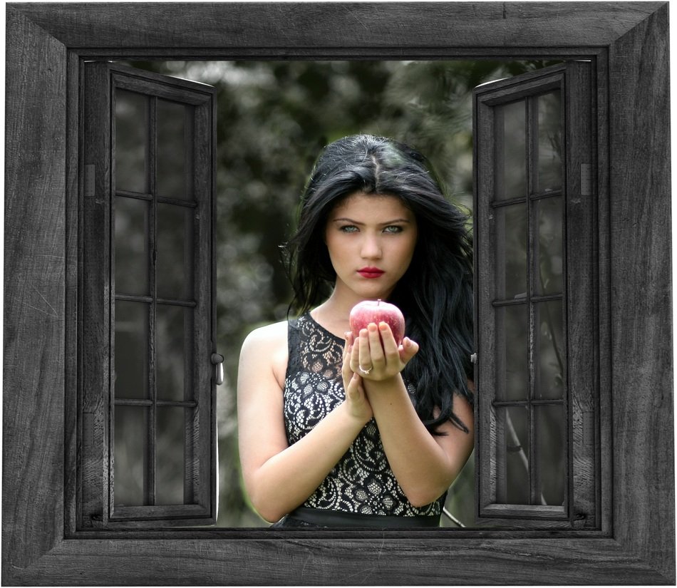 girl with an apple by the window