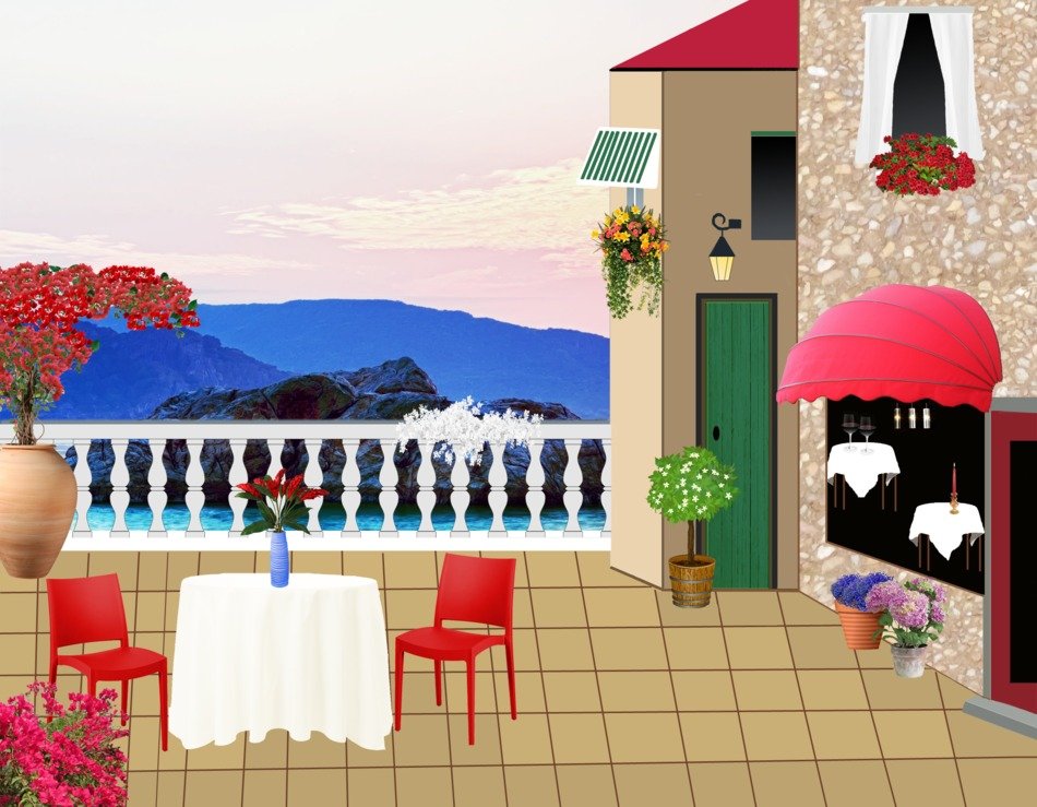 terrace of a restaurant in the mountains as a graphic image