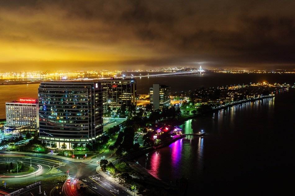 Landscape of illuminated Emeryville at night