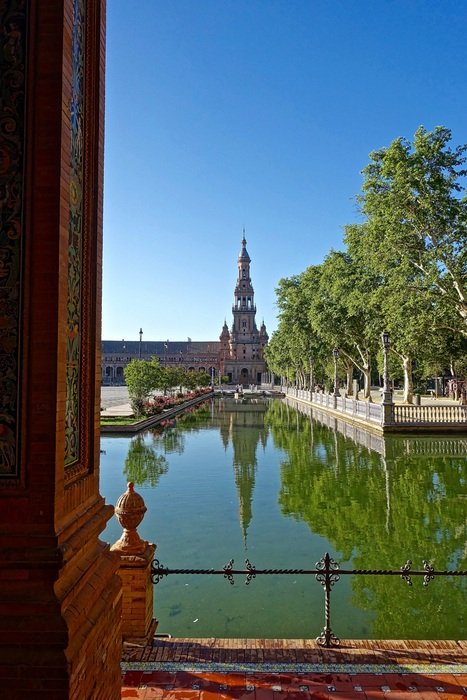 distant view of the church near the water channel in seville