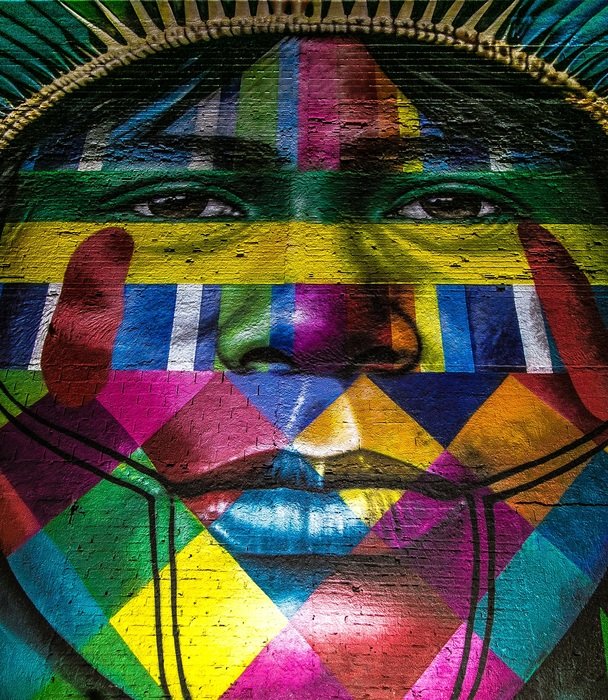 painted face, Rio 2016 Olympics symbol, street art, Brazil