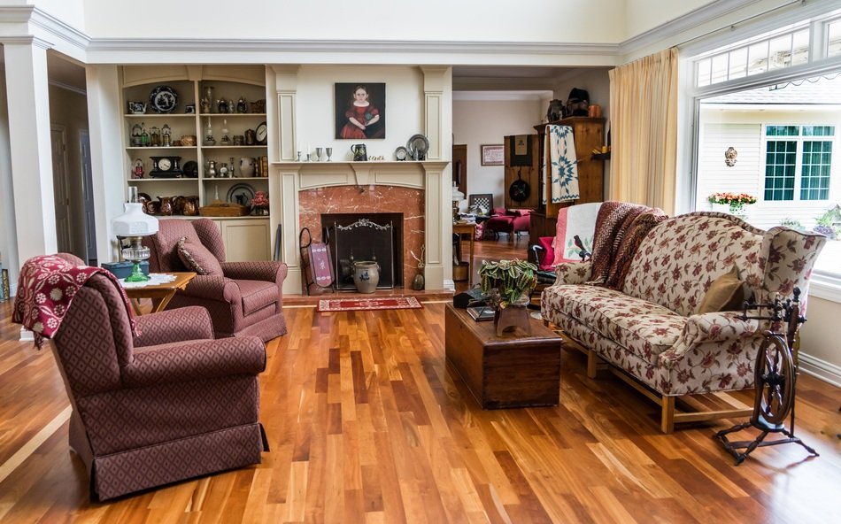 sofa, fireplace, wooden floor in the living room