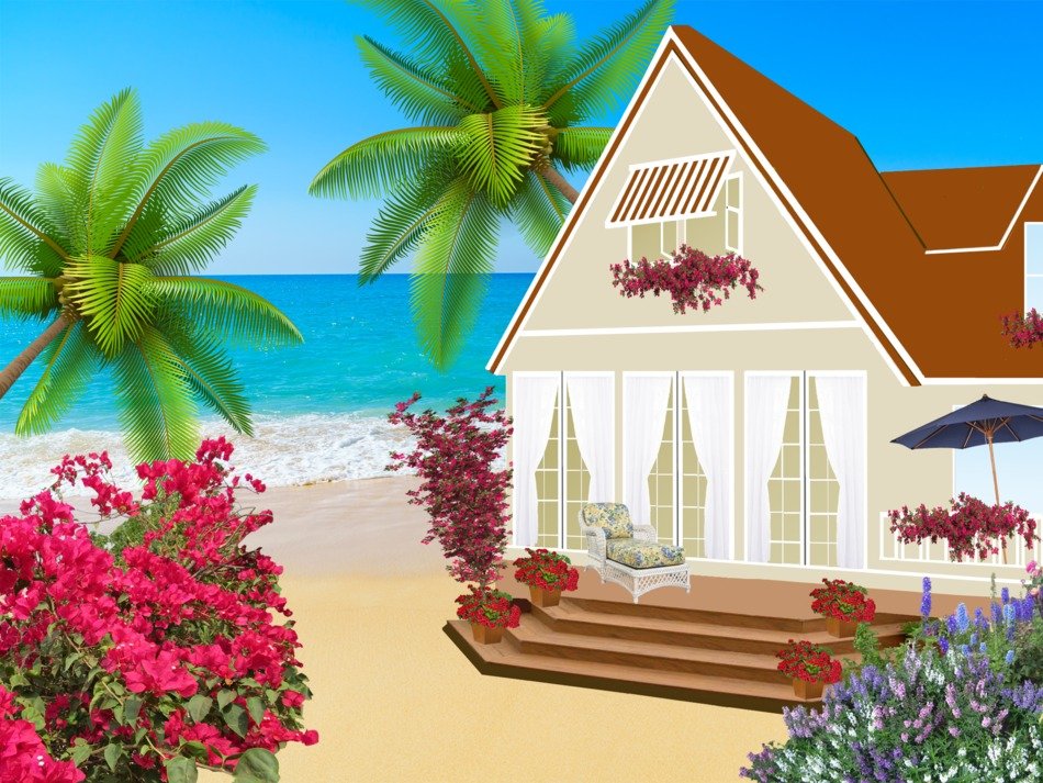 house and palm trees near the sea drawing