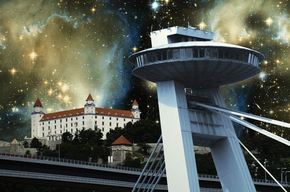 painted panorama of the castle and the modern metropolis in Bratislava