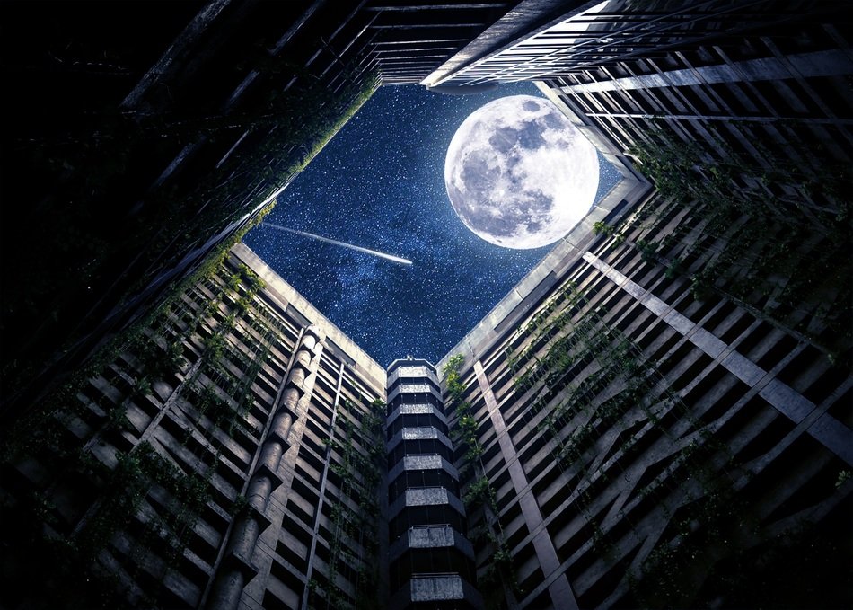 well of a modern building on the background of the moon and comet