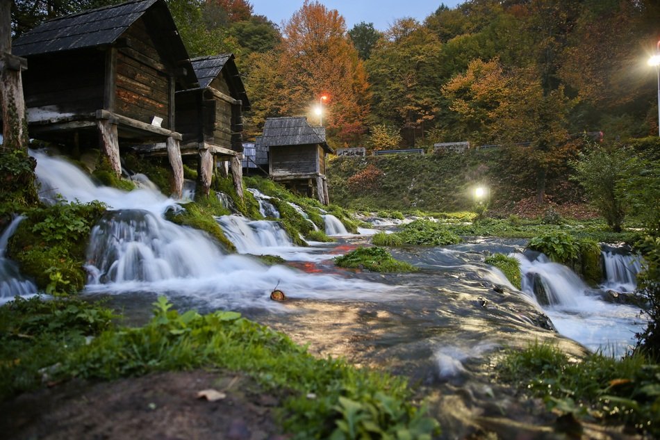Landscape of green waterfall in the old town