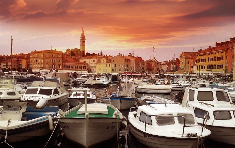 lot of boats in harbor at old city, Croatia, Rovinje