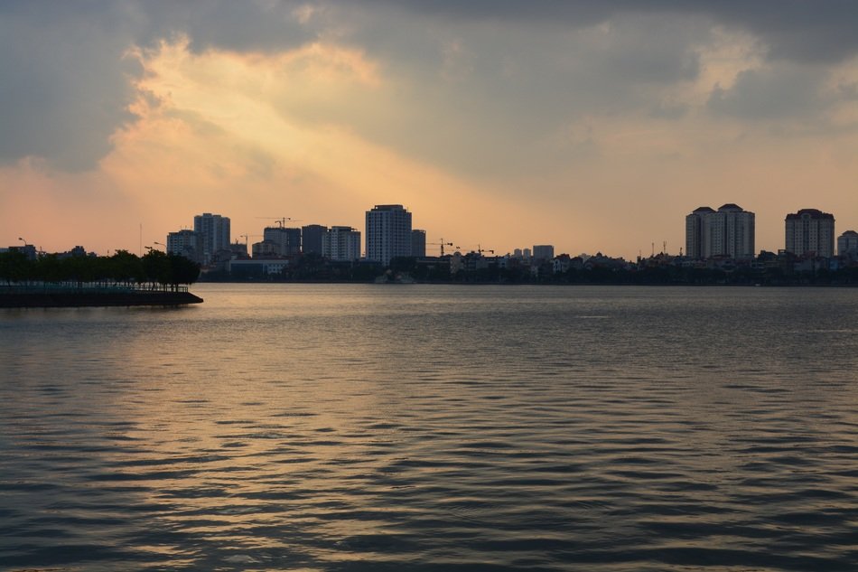 sunset over the lake in hanoi