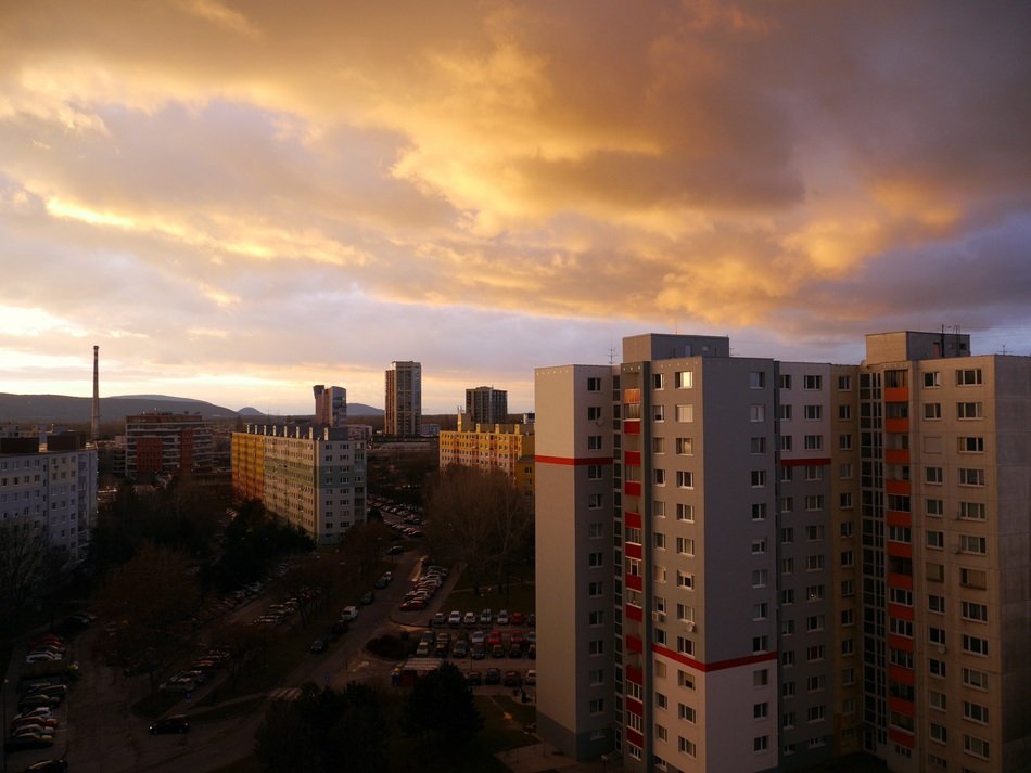 sunset over a sleeping area in Bratislava, Slovakia