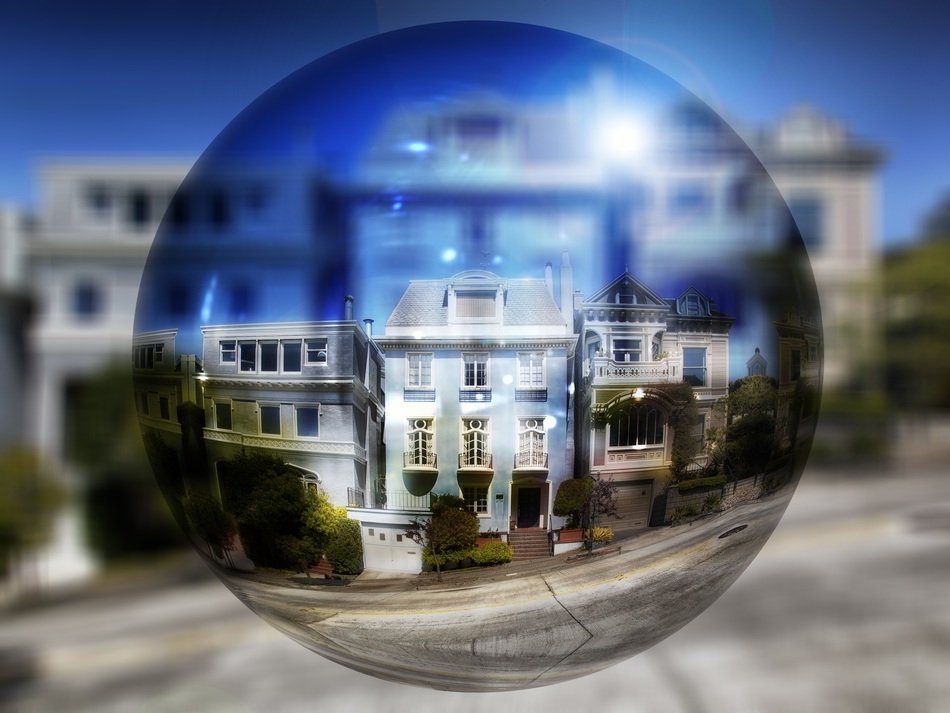 view of a historic building in san francisco through a soap bubble