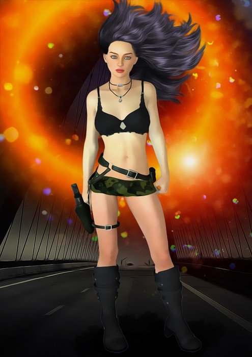 girl in a warrior costume on the background of the orange circle