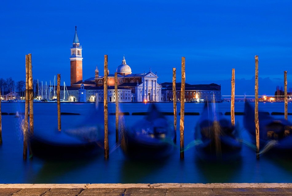 gondolas in the lagoon at dusk