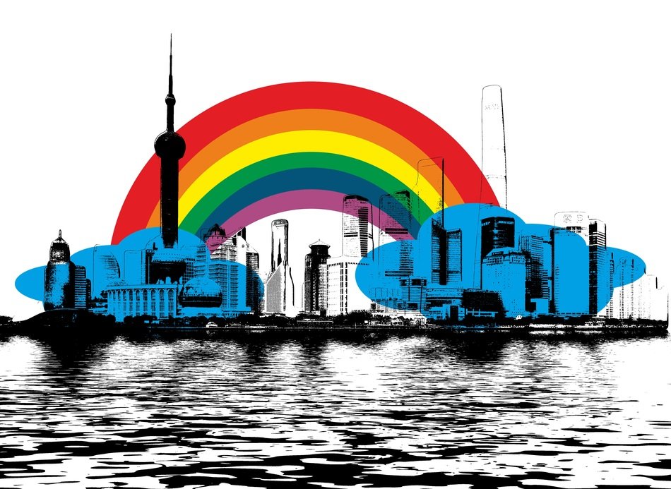 Clipart of the City silhouettes with the beautiful and colorful rainbow on background