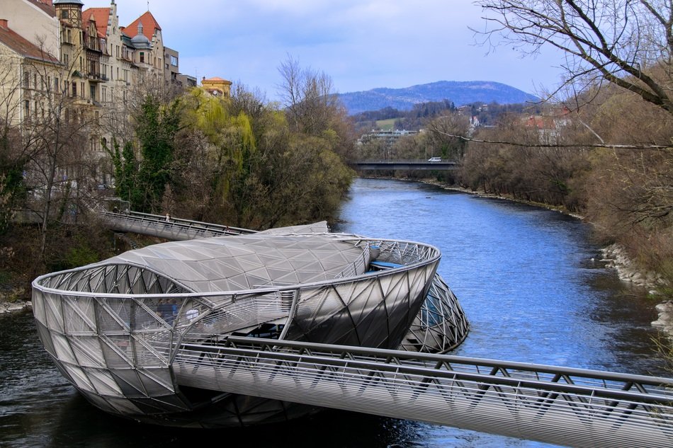 Island in the Mur at fall, Murinsel, austria, graz free image download
