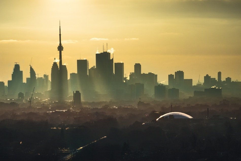 panorama of the modern city in the haze
