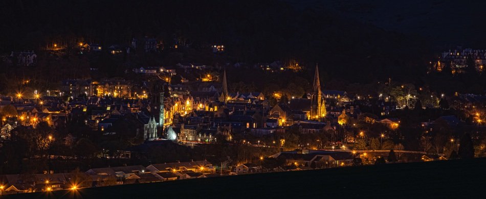 night panorama of the city of Peebles, Scotland