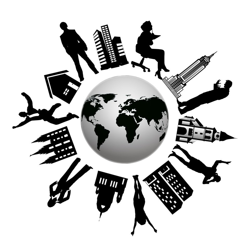 silhouettes of people and buildings around the earth