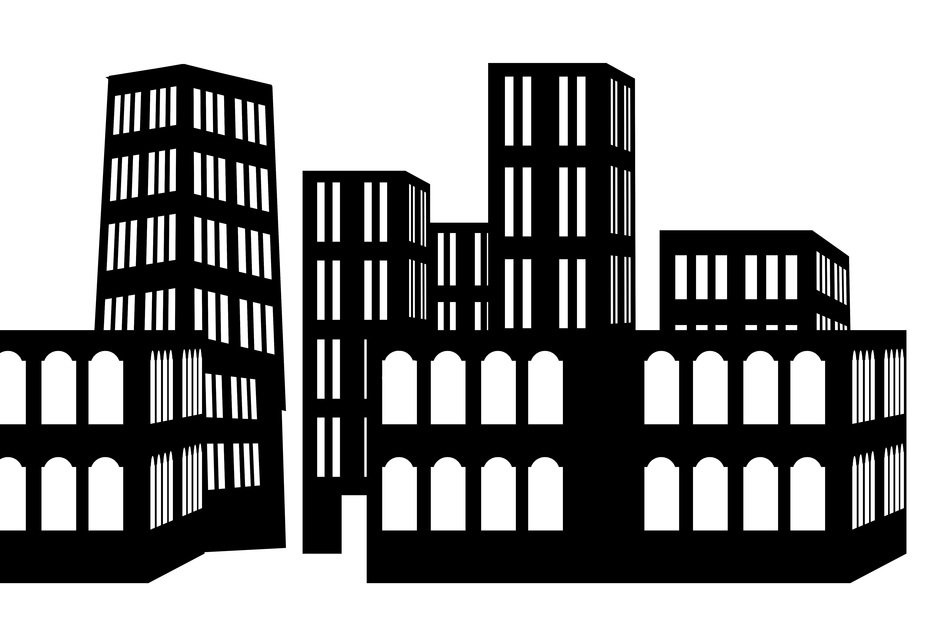 black models of buildings on a white background