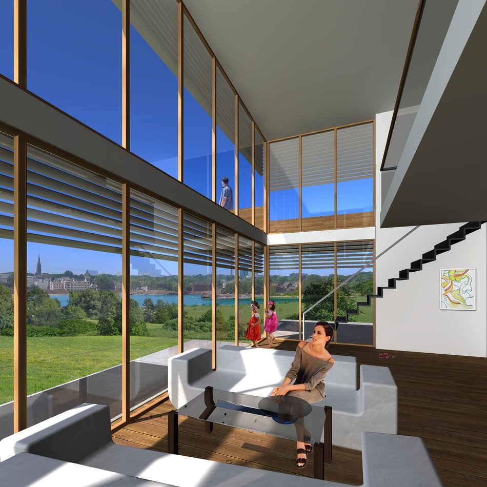 a wall of windows in the villa