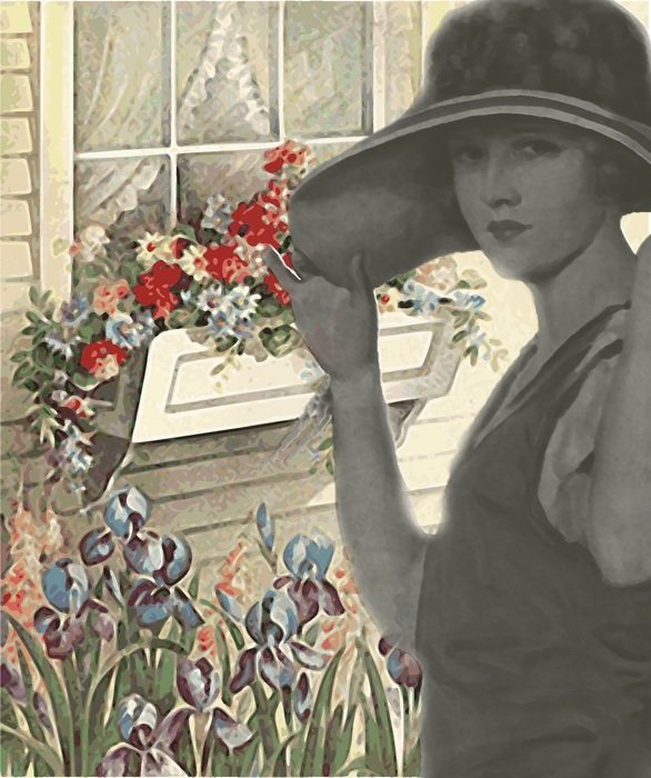 retro image of a girl in a hat on a background of a country house in 1920
