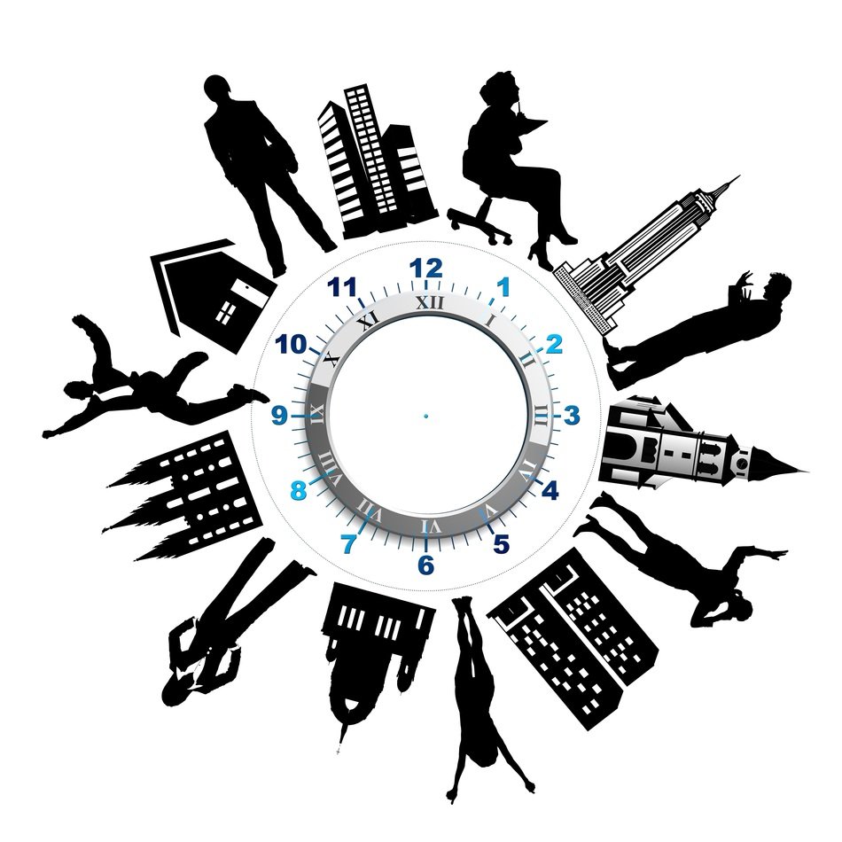 silhouettes of people and homes around the clock face