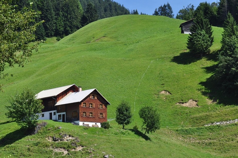 Beautiful house on the mountains among the plants in Austria