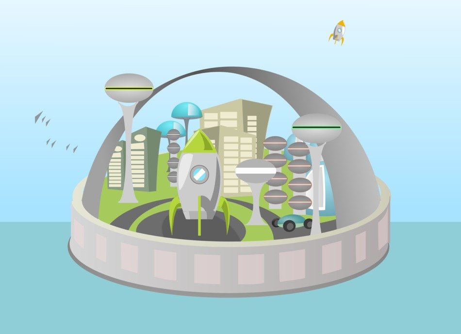 Alien city clipart at blue and white sky background