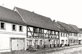 black and white sketch of a rural house