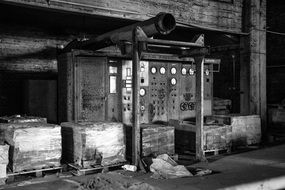 monochrome picture of broken and abandoned Factory Meters