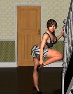 clipart of a girl in a bra and checkered shorts by the stairs