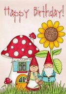 clipart of Happy Birthday greeting card with gnoms and flowers